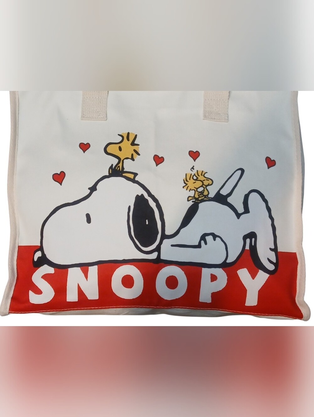 Peanuts -ECO Friendly Large Canvas Bag, Snoopy Laying Down in Red, Nylon Pocket - Picture 11 of 12